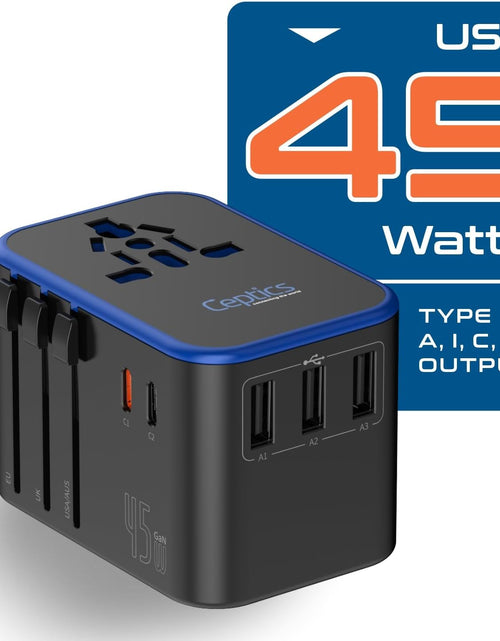 Load image into Gallery viewer, Universal Travel Adapter, 45W International Power Adapter with PD &amp; QC 3.0 Dual USB-C, 3 USB Travel Adapter Worldwide, Type I C G a Outlets 110V 220V A/C - EU Euro US UK (11-KU)
