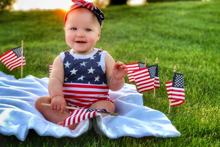 4Th of July Toddler Baby Girl American Flag Tassel Romper with Headband