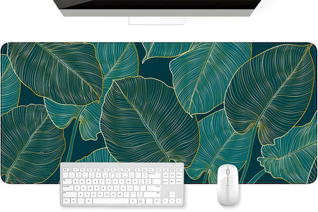 Extended Mouse Pad, XXL Gaming Mouse Pads, Large Big Mousepad Laptop Computer Keyboard Mat Desk Pad with Non-Slip Base Stitched Edge for Gaming Office, 35.5 X 15.7 Inch, Tropical Leaves