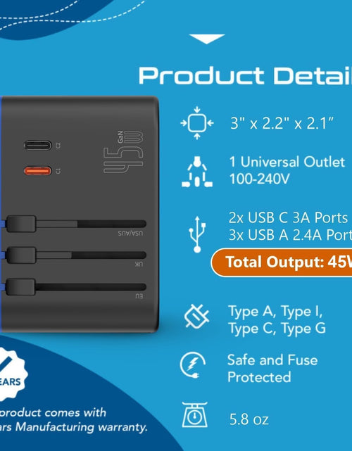 Load image into Gallery viewer, Universal Travel Adapter, 45W International Power Adapter with PD &amp; QC 3.0 Dual USB-C, 3 USB Travel Adapter Worldwide, Type I C G a Outlets 110V 220V A/C - EU Euro US UK (11-KU)
