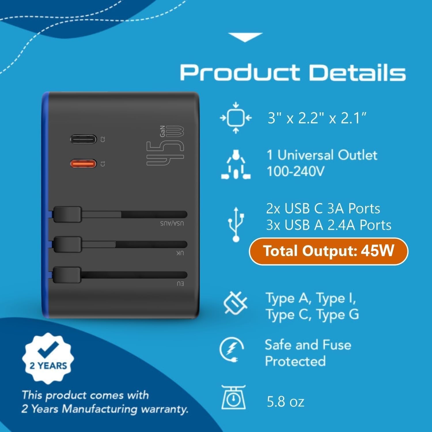 Universal Travel Adapter, 45W International Power Adapter with PD & QC 3.0 Dual USB-C, 3 USB Travel Adapter Worldwide, Type I C G a Outlets 110V 220V A/C - EU Euro US UK (11-KU)