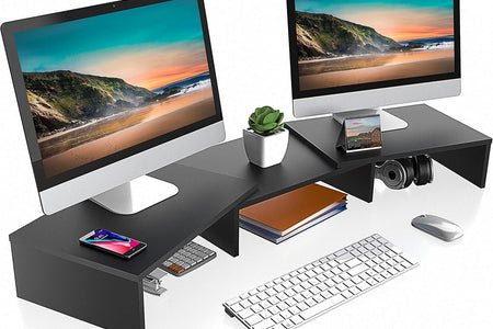 Dual Monitor Stand – 3 Shelf Computer Monitor Riser, Wood Desktop Stand with Adjustable Length and Angle, Desk Accessories, Office Supplies Medium Black,Dt108001Wb