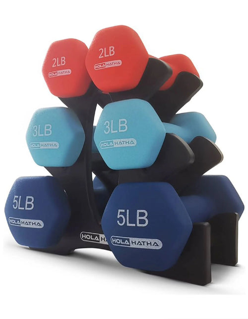 Load image into Gallery viewer, 2, 3, &amp; 5 LB Neoprene Dumbbell Free Weight Set W/ Rack, Red/Blue

