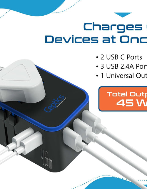 Load image into Gallery viewer, Universal Travel Adapter, 45W International Power Adapter with PD &amp; QC 3.0 Dual USB-C, 3 USB Travel Adapter Worldwide, Type I C G a Outlets 110V 220V A/C - EU Euro US UK (11-KU)
