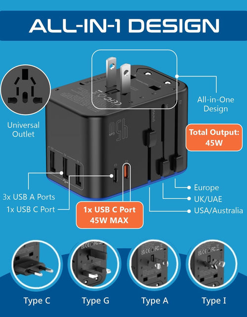 Load image into Gallery viewer, Universal Travel Adapter, 45W International Power Adapter with PD &amp; QC 3.0 Dual USB-C, 3 USB Travel Adapter Worldwide, Type I C G a Outlets 110V 220V A/C - EU Euro US UK (11-KU)
