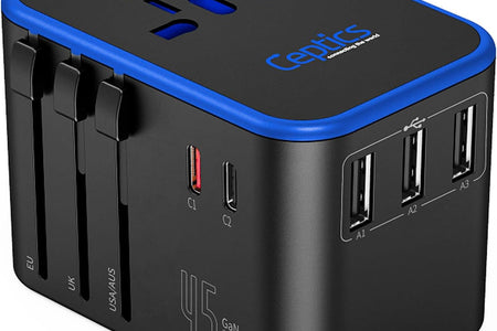 Universal Travel Adapter, 45W International Power Adapter with PD & QC 3.0 Dual USB-C, 3 USB Travel Adapter Worldwide, Type I C G a Outlets 110V 220V A/C - EU Euro US UK (11-KU)