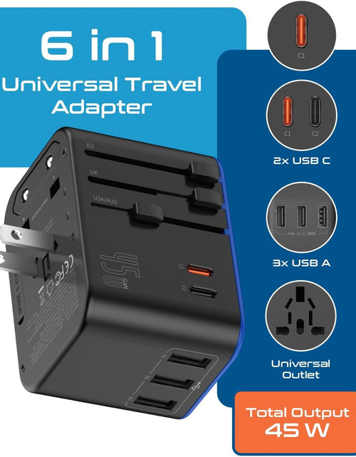 Load image into Gallery viewer, Universal Travel Adapter, 45W International Power Adapter with PD &amp; QC 3.0 Dual USB-C, 3 USB Travel Adapter Worldwide, Type I C G a Outlets 110V 220V A/C - EU Euro US UK (11-KU)
